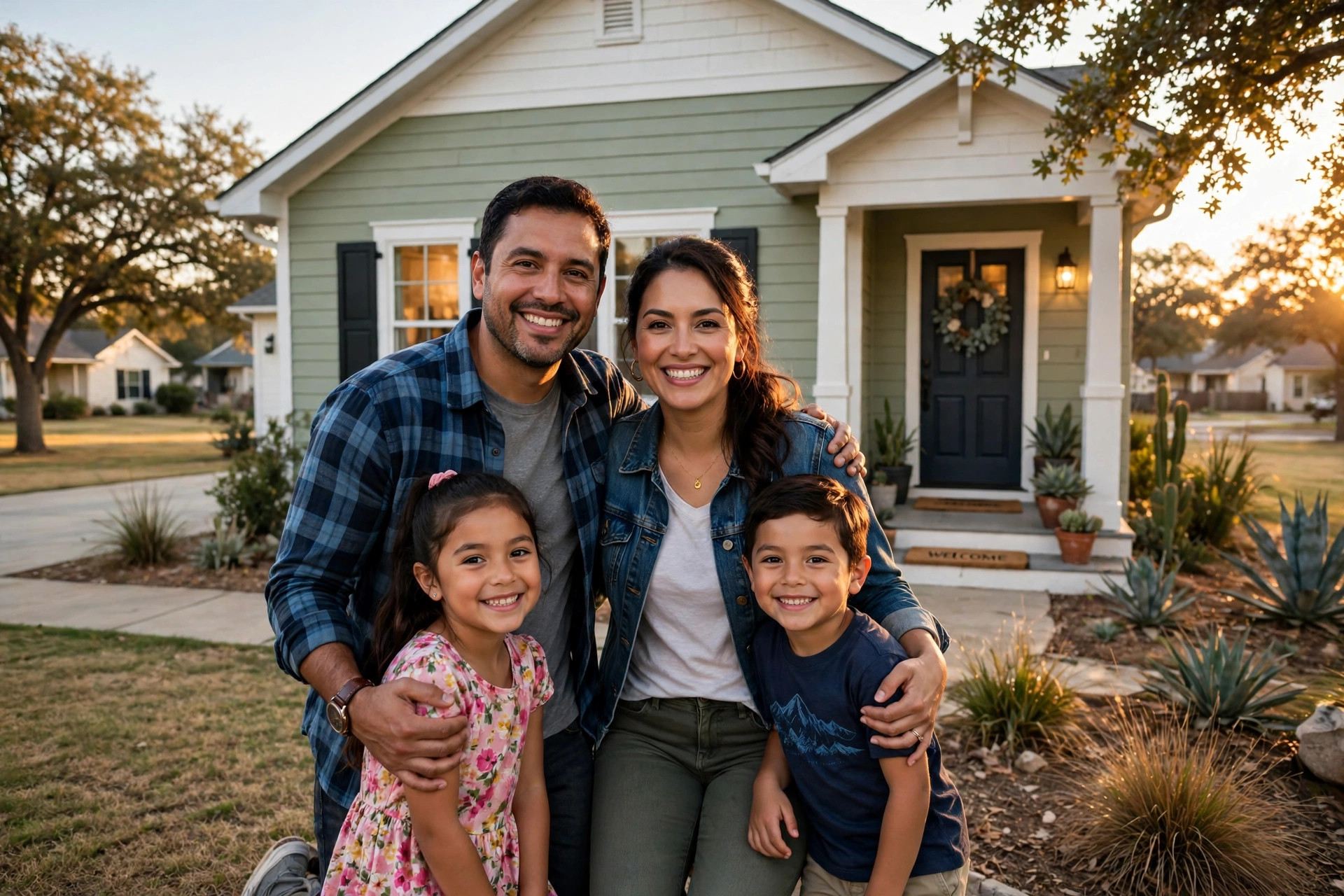 A Texas family in front of their home